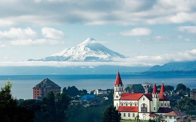 Sacred Heart Church with Osorno Volcano and Lago Llanquihue